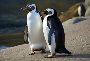 Naklejka premium Two penguins stand side by side on the beach
