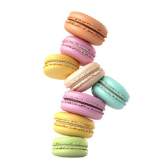 Obraz premium Colorful macarons are stacked creatively, showcasing a variety of pastel hues and textures.