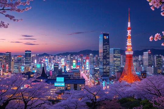 Radiant Japanese Evening City Skyline with Shimmering Neon Decorations and Towering Architecture Amid Delicate Sakura Blooms