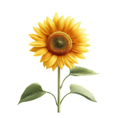Obraz premium A vibrant sunflower with a large circular center and bright yellow petals, accompanied by green leaves on a tall stem.