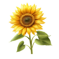 Obraz premium A vibrant sunflower with bright yellow petals and green leaves, showcasing its distinctive shape and texture.
