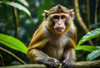 Fototapeta premium The monkey sits on a branch of the forest