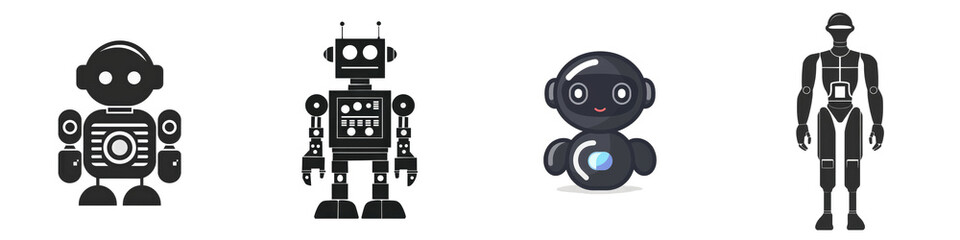 Four robots, white background isolated on white or transparent