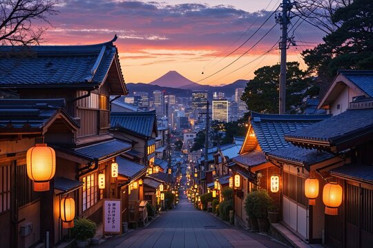 Stunning Evening View of Tokyo City with Charming Houses and Glowing Lanterns