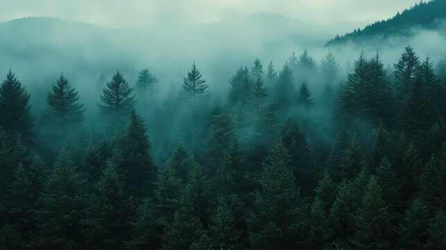 Misty, dark green forest with tall evergreen trees blankets a mountainside.