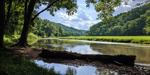 Obraz premium Serene River Scene Amidst Lush Green Foliage