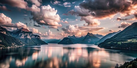 Minimalist Swiss Alps: Lake Lucerne Cloudscape, Klewenalp Panorama, Nidwalden Scenery, Beckenried Mountain View