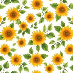 Vibrant Sunflower Floral Pattern Design with Green Leaves on a Bright White Background
