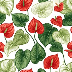 Vibrant Red and Green Leafy Pattern with Anthuriums and Heart-Shaped Foliage for Decor and Textiles