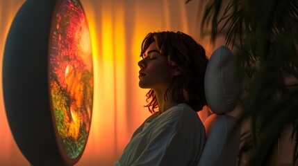 Naklejka premium Serene Woman Meditating with AI Generated Art Therapy