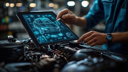 Obraz premium Mechanic Using Tablet to Monitor Car Diagnostics in Workshop