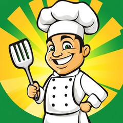 Art Cartoon Chef View Spatula Background Holding Hat