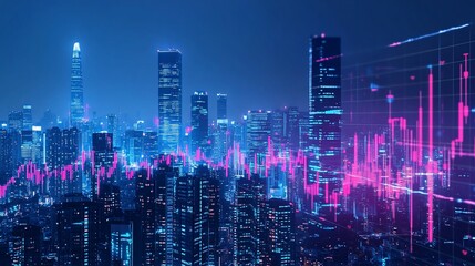 Fototapeta premium Futuristic Cityscape at Night with Financial Data Overlay and Neon Lights