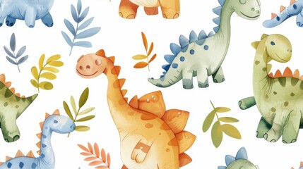 Cute Watercolor Little Dinosaur Seamless Pattern

