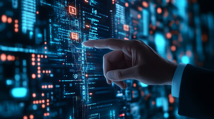 Obraz premium Hand touching a virtual screen with data and code on the digital interface of futuristic technology