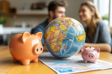 Couple Planning Trip with Piggy Banks and Globe on Table