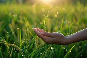 The Farmers Hand,The Woman Holding the Vegetable in Her Hand and the of a Rice Field