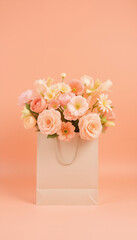 Bouquet of beautiful spring flowers in a craft paper bag on pink background