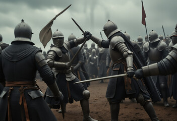 Fight between two heavily armed medieval knights