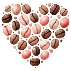 Obraz premium Valentine coffee concept. A heart-shaped arrangement of colorful coffee beans, combining shades of brown and pink, symbolizing love for coffee.