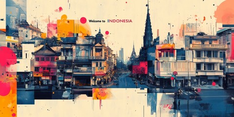 Obraz premium Welcome to Indonesia illustrated with a colorful abstract city view