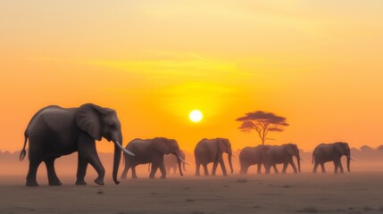 Fototapeta premium Majestic Elephant Herd Sunset Savanna African Wildlife Panorama