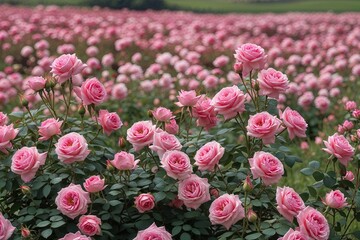 Horizontal Blooming Pink Roses Showcasing a Stunning Floral Landscape