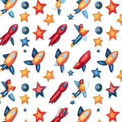 Fototapeta premium Colorful Rockets and Stars Pattern for Fun and Playful Backgrounds or Textiles for Children