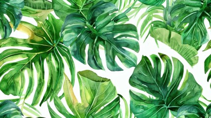 Seamless watercolor background with tropical leaves, perfect for fabric, wallpaper, and decor.

