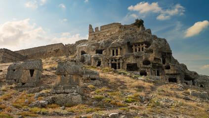 Tlos Ancient City at afternoon. Important settlement area of the historical Lycian city. Travel to the ancient cities of Türkiye. Fethiye, Mugla province, Turkey