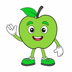 Cartoon green apple with a smile, simple design vector style illustration and white background. kid's coloring page