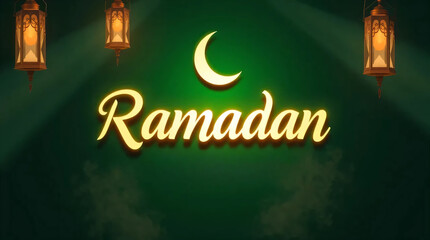 Ramadan Mubarak Logo with Volumetric Lighting, Geometric Shapes, Lanterns, and Symmetrical Light Beams on Green