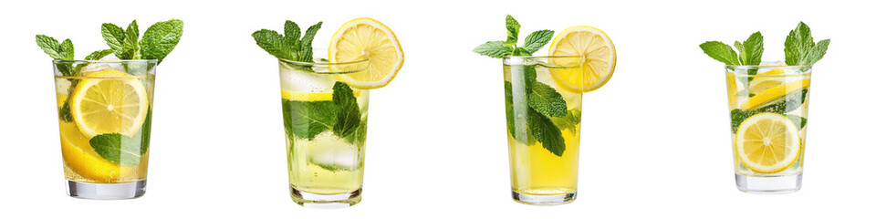 Glasses filled with chilled lemon and mint infused water or lemonade garnished with fresh citrus slices and mint leaves for a healthy flavorful and refreshing summer beverage