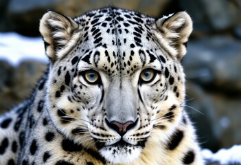 Naklejka premium Blue Eyes Sitting in the Snow in Front of a Rock Wall
