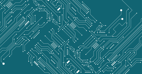 Technology white circuit diagram on blue background. Circuit board technology background with hi-tech digital data connection system.