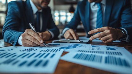 Two executives leaning over a table pointing at financial data during negotiation, business discussion, data-driven decision-making