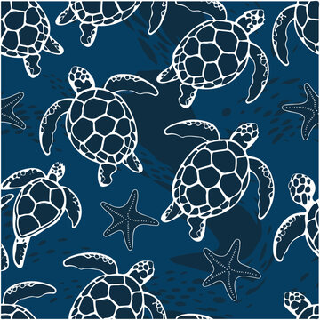 Seamless Pattern with Sea Turtles Underwater Life