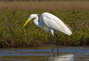 Giraffes with long beaks standing in the water