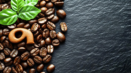 Coffee beans, pastry, leaves, dark background; food blog