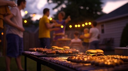 Fototapeta premium Backyard BBQ Summer Evening Grill Party with Family and Friends