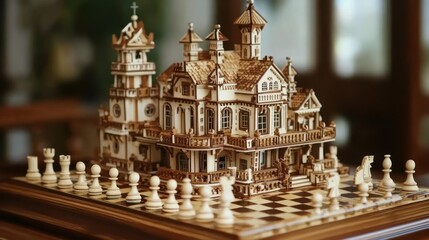 Obraz premium architectural chess piece featuring a meticulously crafted wooden house as the king competing with classic chess pieces on a checkered board