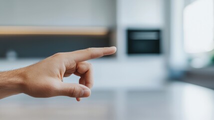 A close-up of a hand pointing toward a modern kitchen in a bright, spacious environment, symbolizing direction and focus.