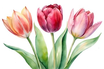 Fototapeta premium Watercolor Painting of Three Vibrant Tulips with Green Leaves Isolated on White Background