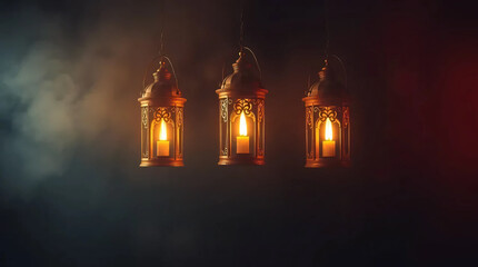 Ramadan Kareem Card with Three Lanterns, Dramatic Lighting, High Contrast, and Moody Visual Aesthetics
