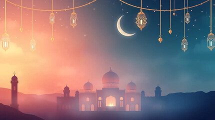 Ramadan Kareem Greeting Background with Cinematic Style, Soft Pastel Colors, and Gentle Soothing Lighting