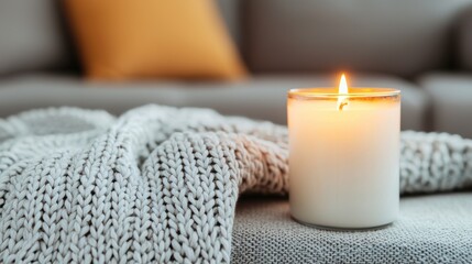 Cozy atmosphere with a burning candle beside a warm knitted blanket on a comfortable sofa.