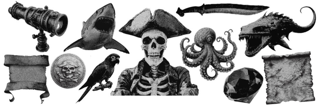 Set of pirate halftone grunge vector design elements