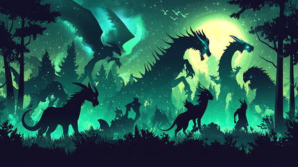 Obraz premium Silhouettes of mythical creatures in a mystical forest at night, with a glowing moon and stars