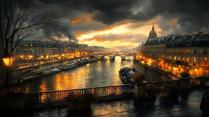 Fototapeta premium Paris Seine River Sunset Cityscape