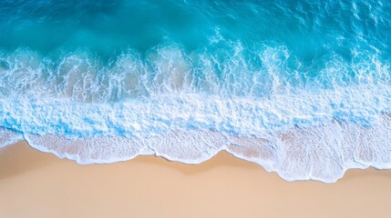 Obraz premium Aerial View of Beautiful Sandy Beach with Blue Water Waves, Summer Vibes